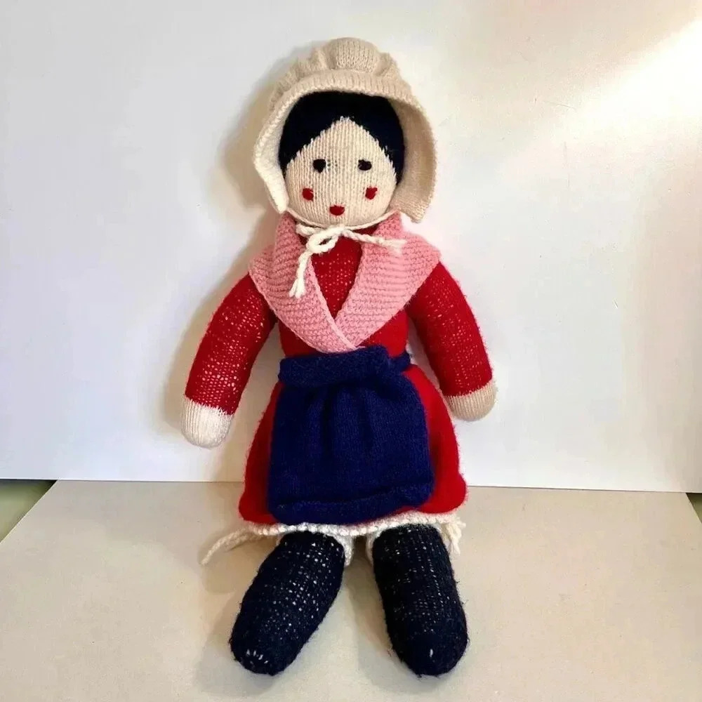 Vintage 1980's Handmade Hat Apron Knitted Soft Grand Mother Girl Doll